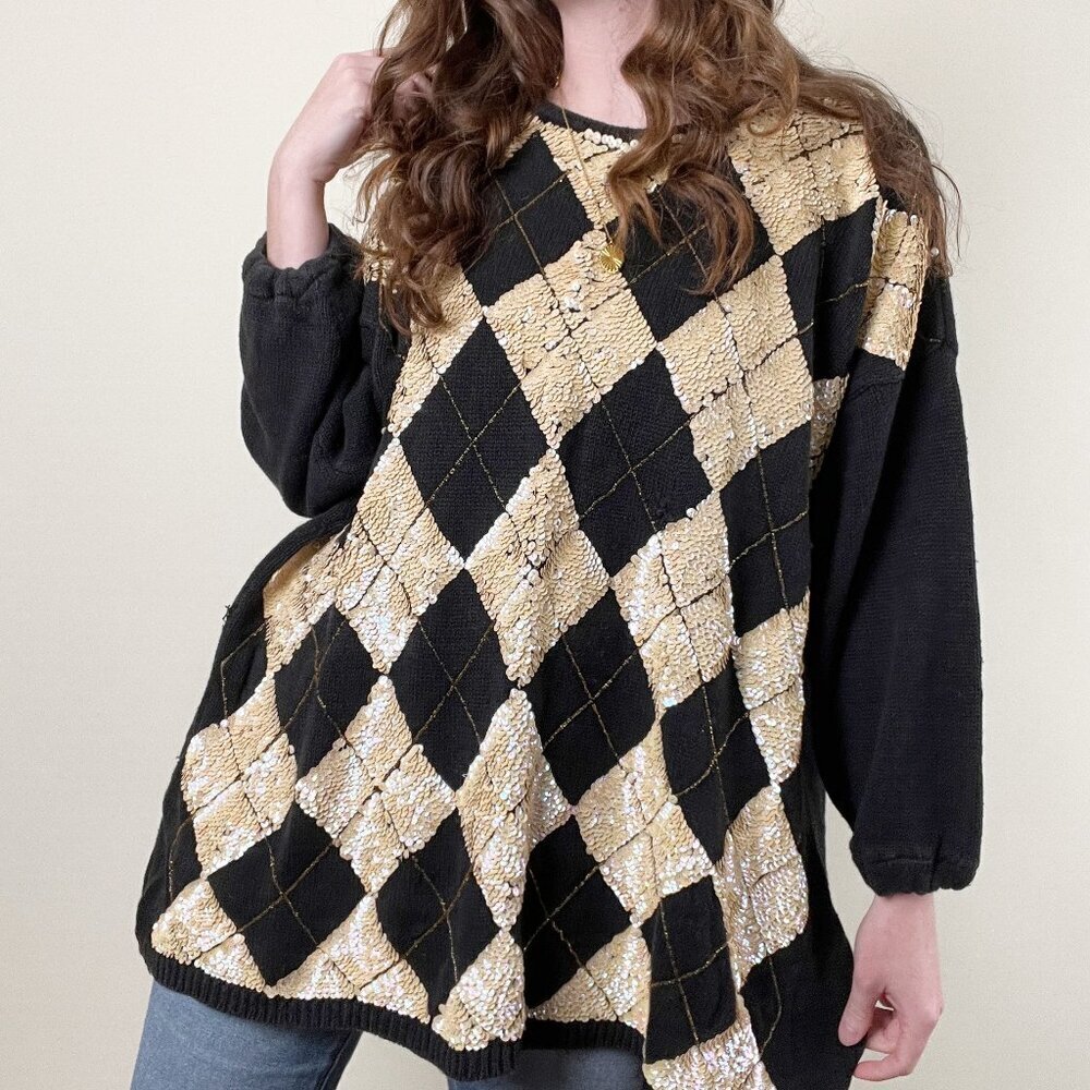 Rare Vintage Sequin Beaded Argyle Preppy Christmas Holiday Sweater / Mini Dress